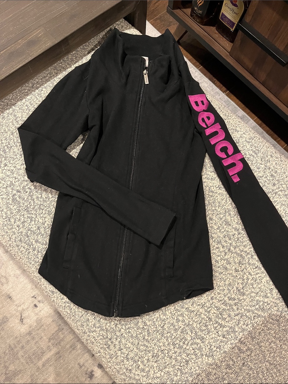 Bench Black Zip-Front Bomber Jacket with Pink Sleeve Logo